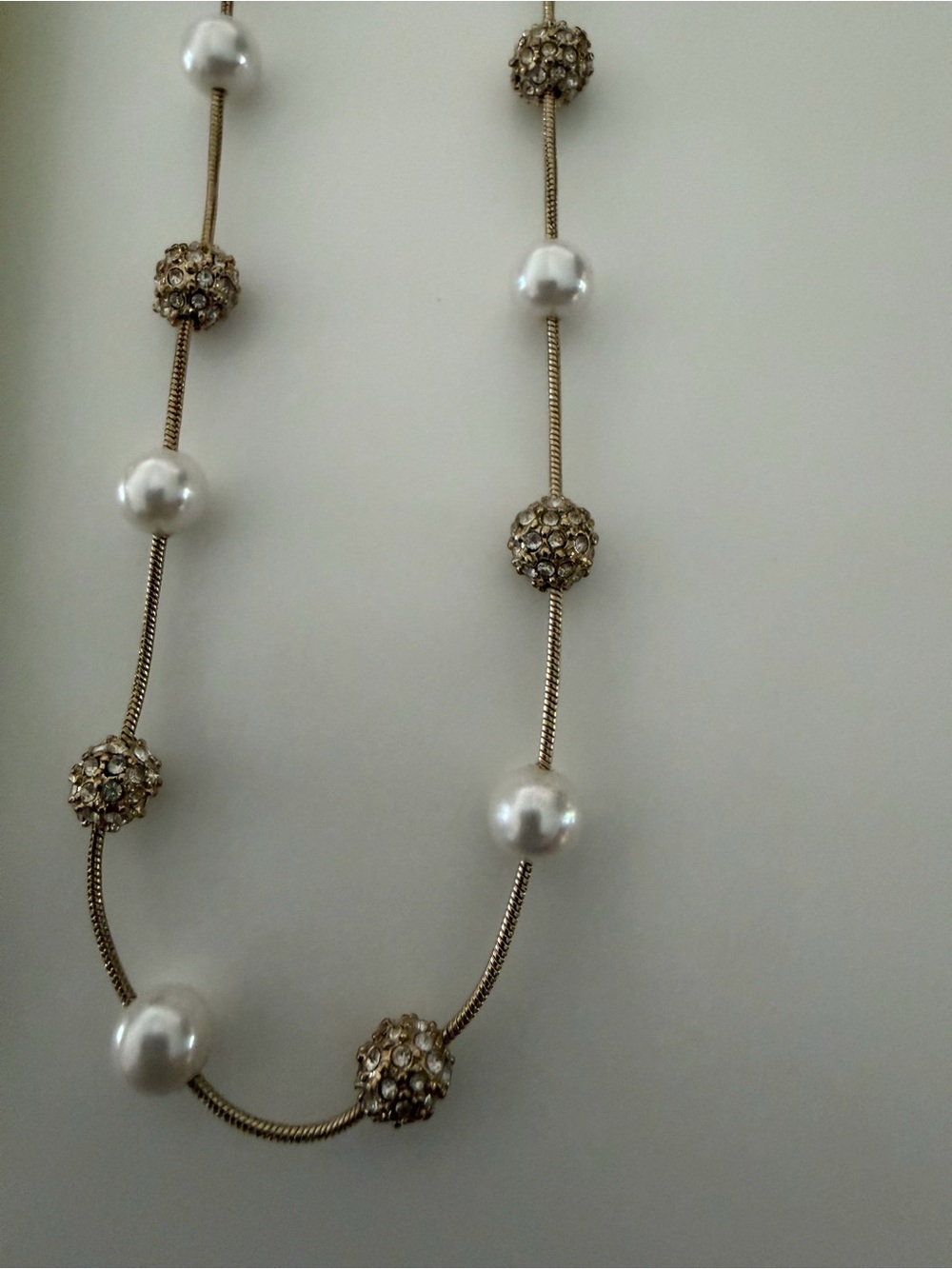 Elegant Gold-Tone Pearl & Crystal Station Necklace - White Pearls